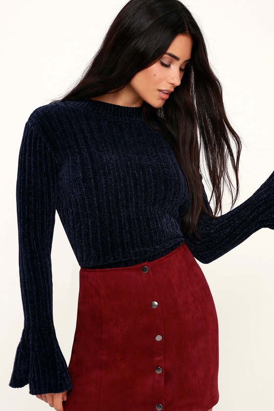 Lost + Wander Liberty - Navy Blue Chenille Sweater - Bell Sleeve - Lulus