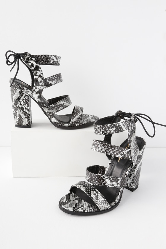 black and white snake print heels