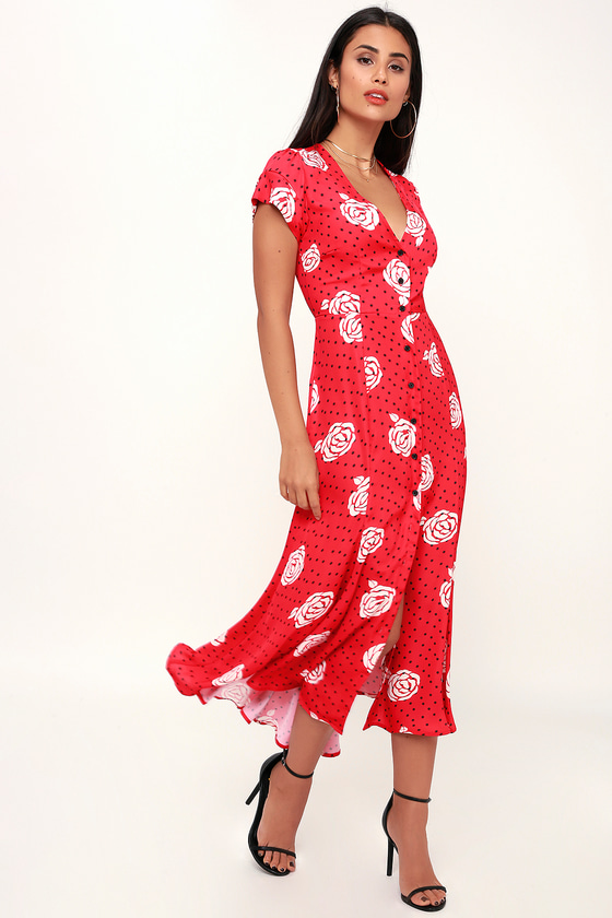 Capulet Elie - Red Satin Print Dress - Midi Dress - Button-Up - Lulus