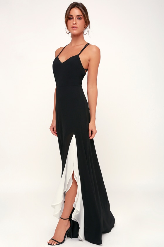 Glam Black and White Dress - Ruffle Dress - Side Slit Maxi Dress - Lulus