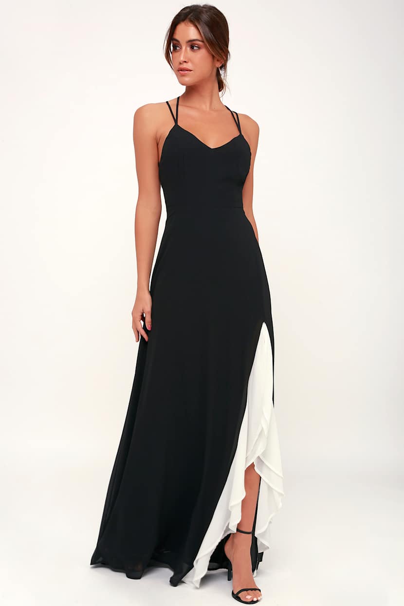 Glam Black and White Dress - Ruffle Dress - Side Slit Maxi Dress - Lulus Glam Black and White Dress - Ruffle Dress - Side Slit Maxi Dress - Lulus