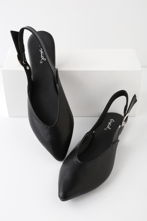 black pointed toe slingback flats