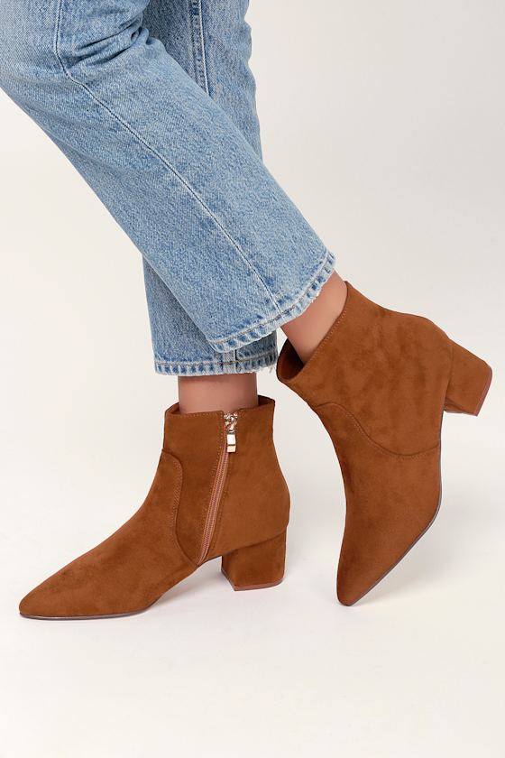 Lulus: Sofia Tan Suede Pointed Toe Ankle Booties