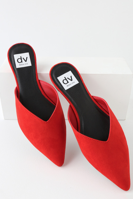 red pointed toe mules