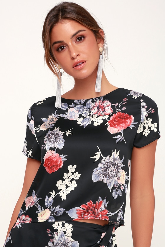 Lovely Black Top - Satin Floral Print Top - Short Sleeve Top - Lulus