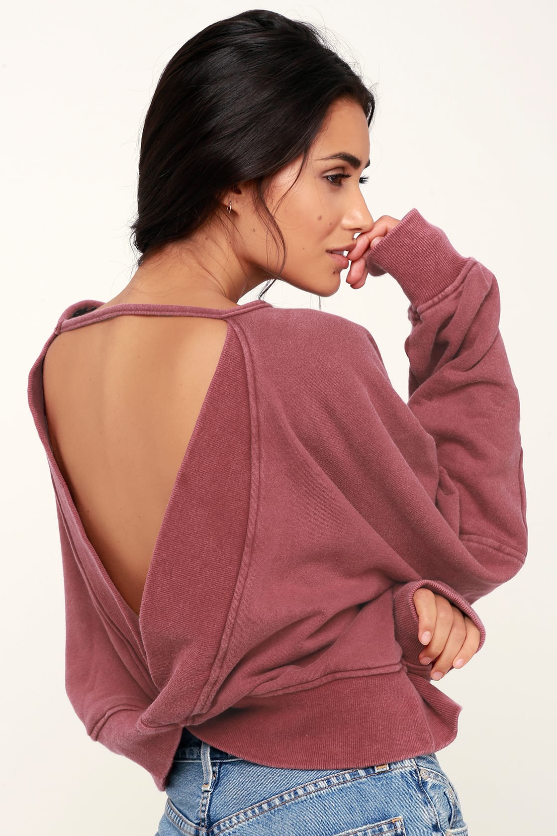 Twist Connection Washed Burgundy Backless Cropped Sweater Top