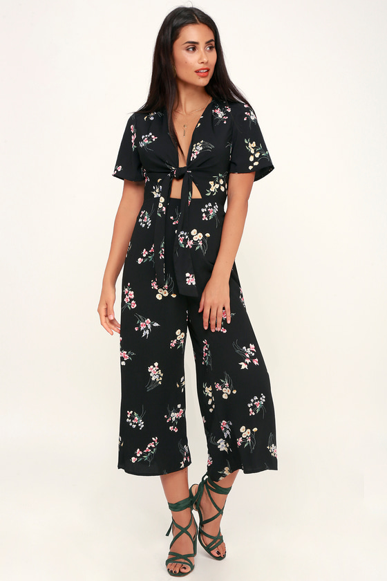 Floral Print Jumpsuit Tie Front Jumpsuit Wide Leg Jumpsuit