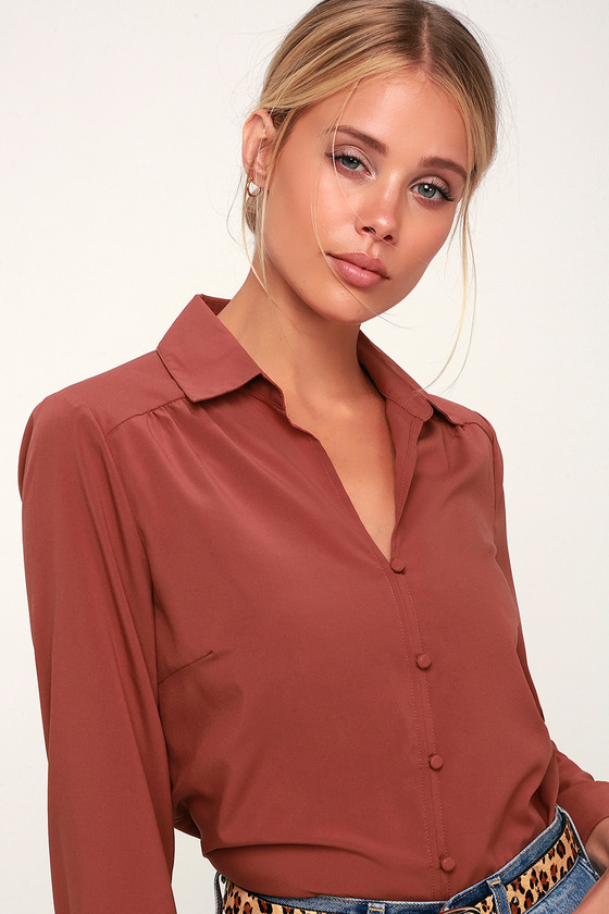 Chic Rusty Rose Top - Long Sleeve Top - Long Sleeve Button-Up Top - Lulus