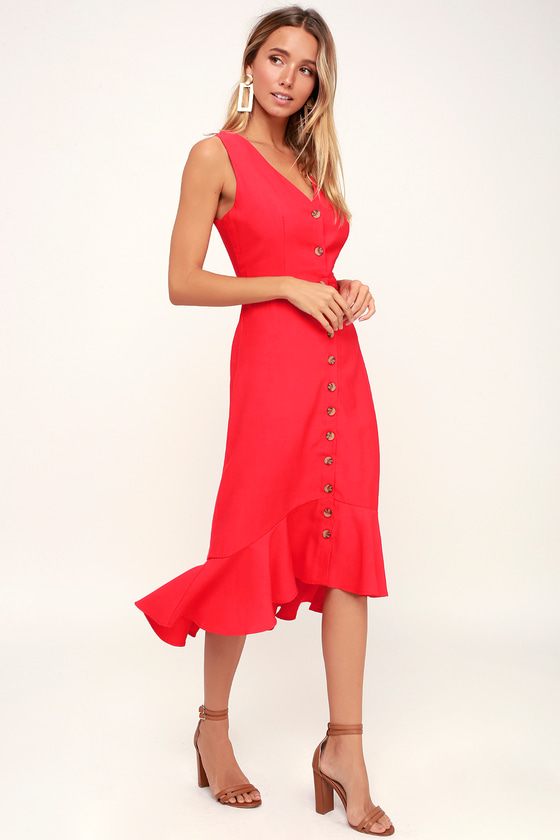 When We First Met Red Button Front Midi Dress