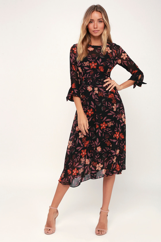 floral black dress with sleeves