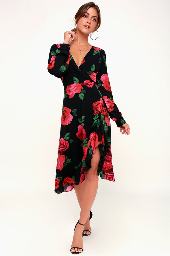 Lovely Black Dress - Floral Print Dress - Midi Dress - Wrap Dress - Lulus