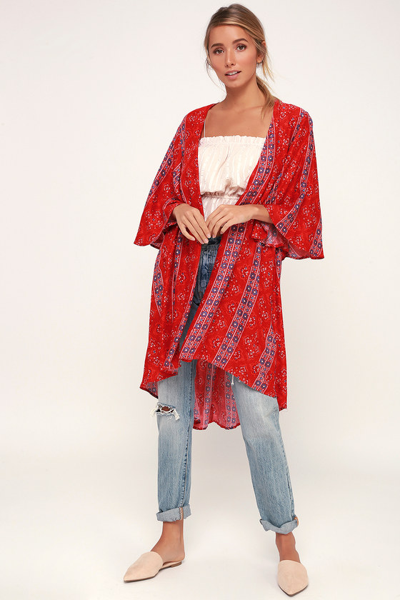 Cute Red Kimono Top - Boho Print Kimono Top - Midi Kimono Top - Lulus
