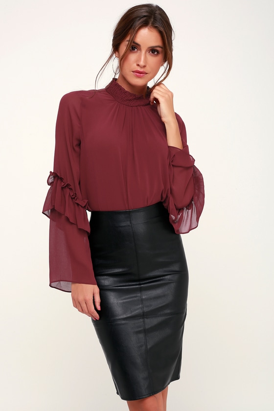 Chic Burgundy Top - Mock Neck Top - Ruffled Long Sleeve Top - Lulus