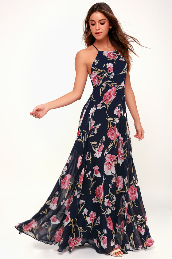 navy floral formal dress