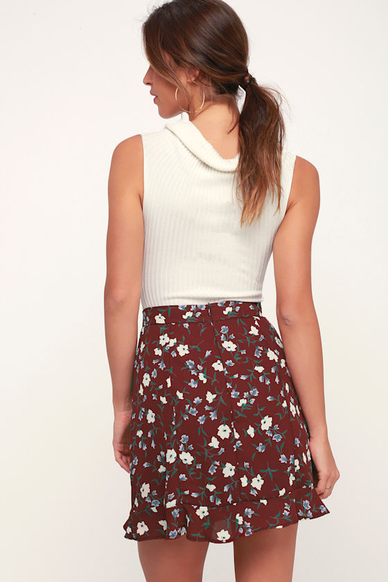 Cute Burgundy Mini Skirt - Floral Mini 