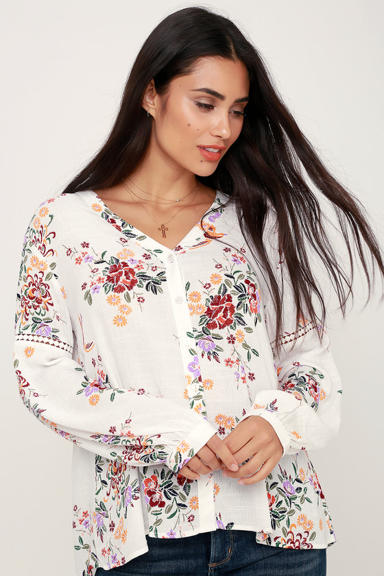 Lovely White Floral Print Top - Button-Up Top - Long Sleeve Top - Lulus