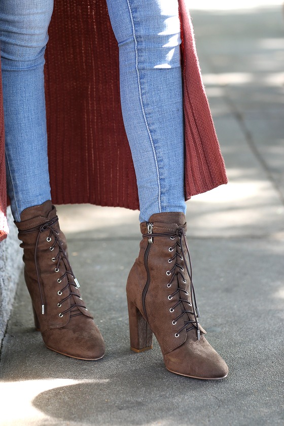 Soraka Taupe Suede Lace-Up Mid-Calf Booties