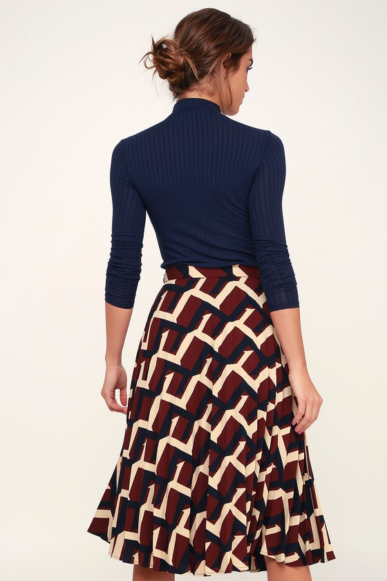 Tina Burgundy Print Pleated Midi Skirt