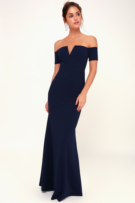 off shoulder dress navy blue