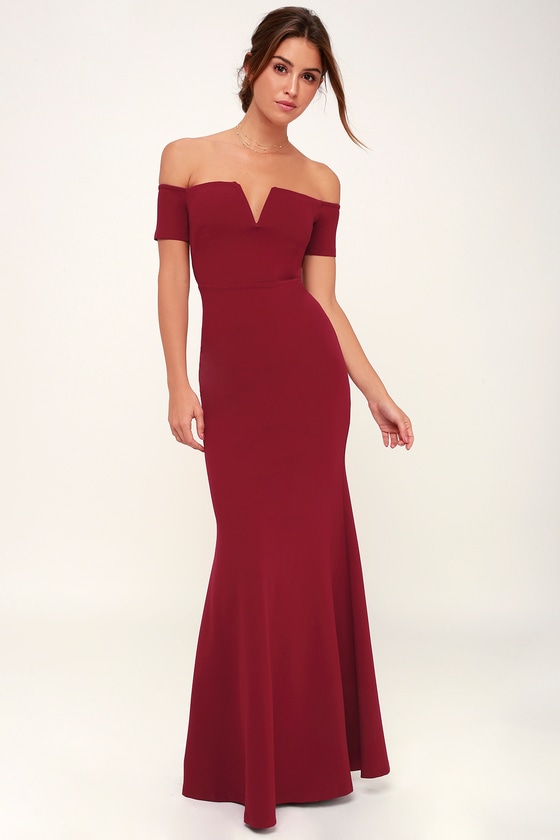 burgundy bardot v plunge maxi dress