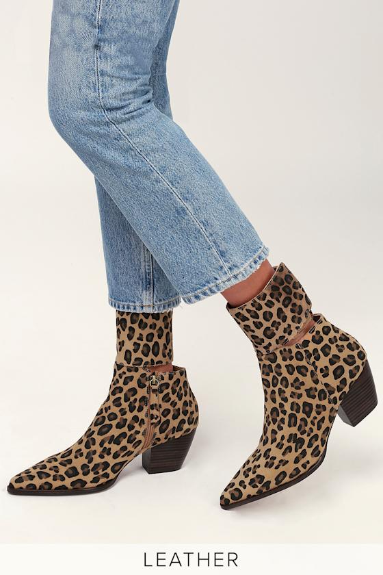 Good Company Leopard Suede Leather Pointed Toe Mid-Calf Booties 1