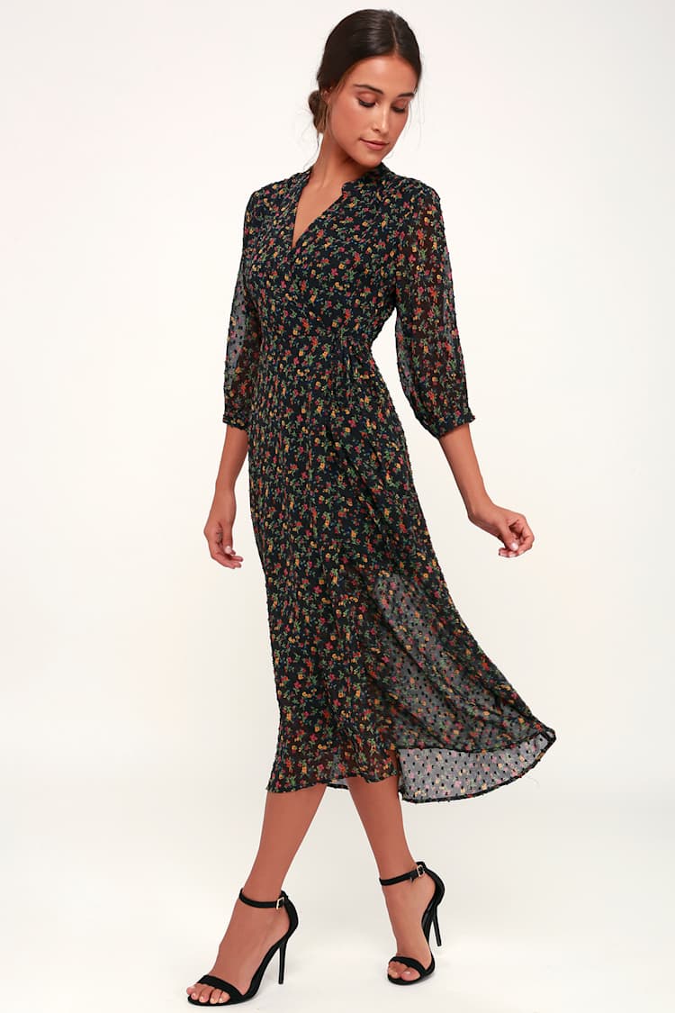 Chic Black Floral Print Swiss Dot Dress - Midi Dress - Wrap Dress - Lulus