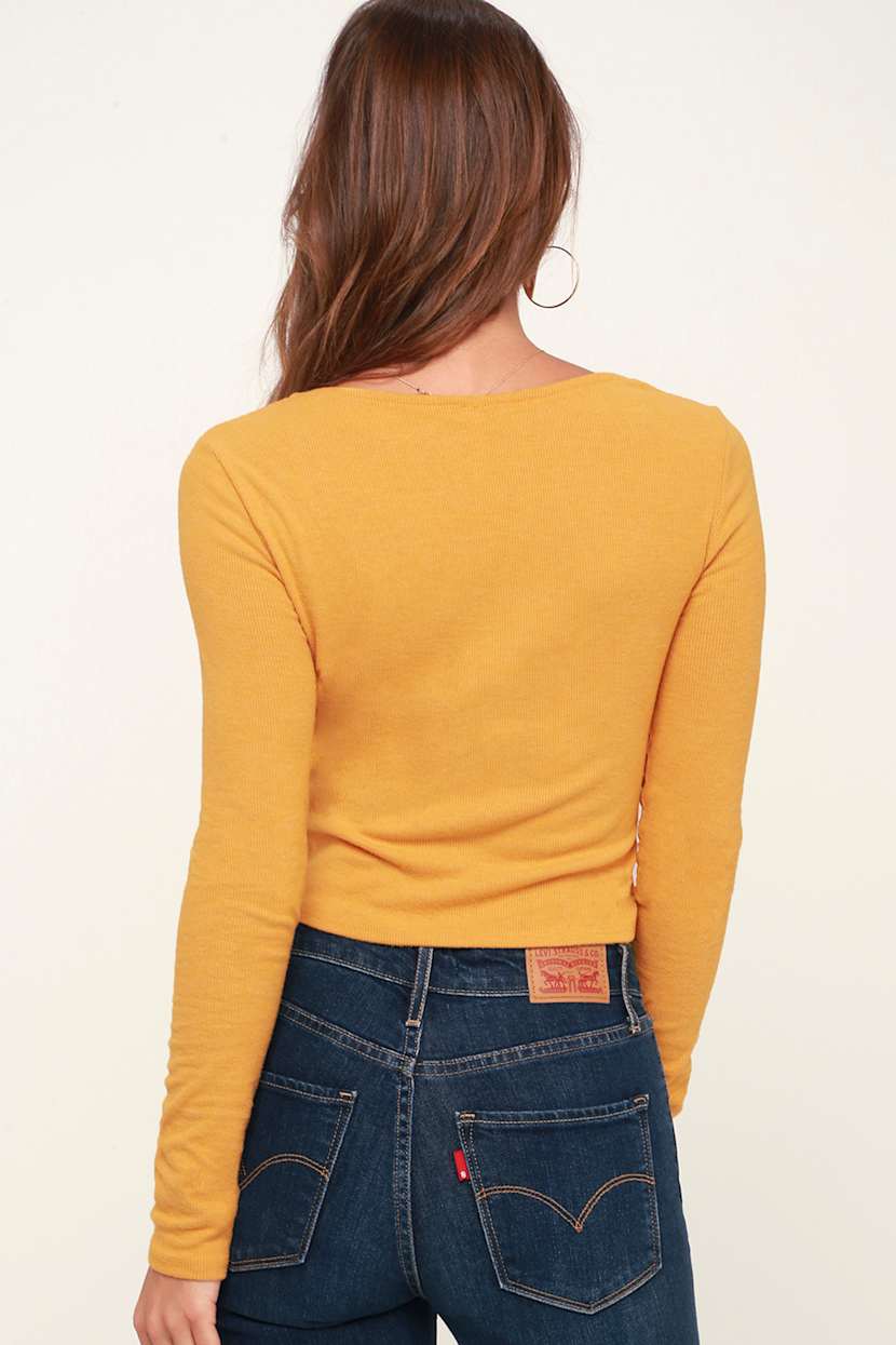 mustard yellow long sleeve crop top
