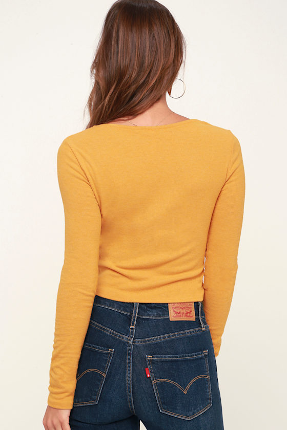 Cute Mustard Yellow Top Long Sleeve Top Crop Top Knit Top Lulus