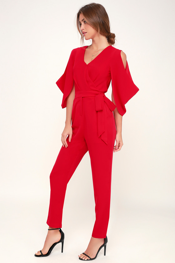 red off the shoulder jumpsuit