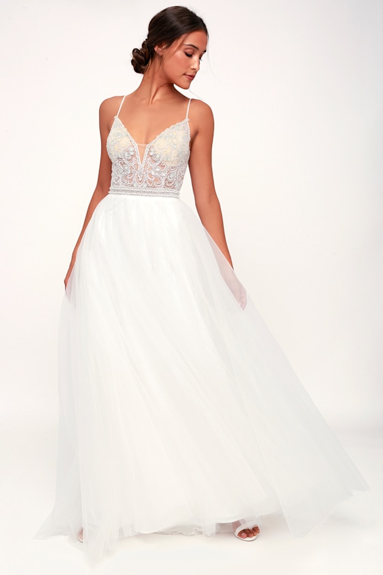 Caprice White Beaded Rhinestone Lace-Up Maxi Dress 7