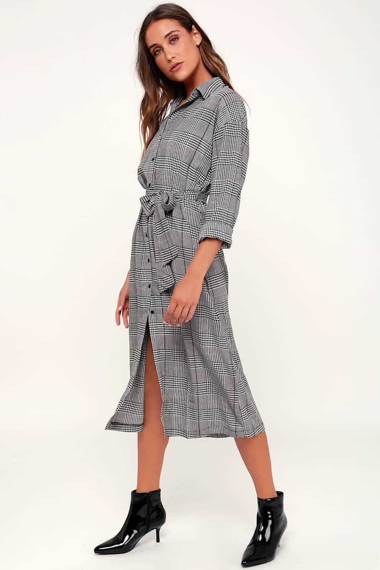Chic Black and White Houndstooth Dress - Midi Dress - Shirt Dress - Lulus
