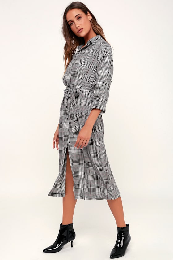 Good News Black and White Houndstooth Print Midi Shirt Dress 5