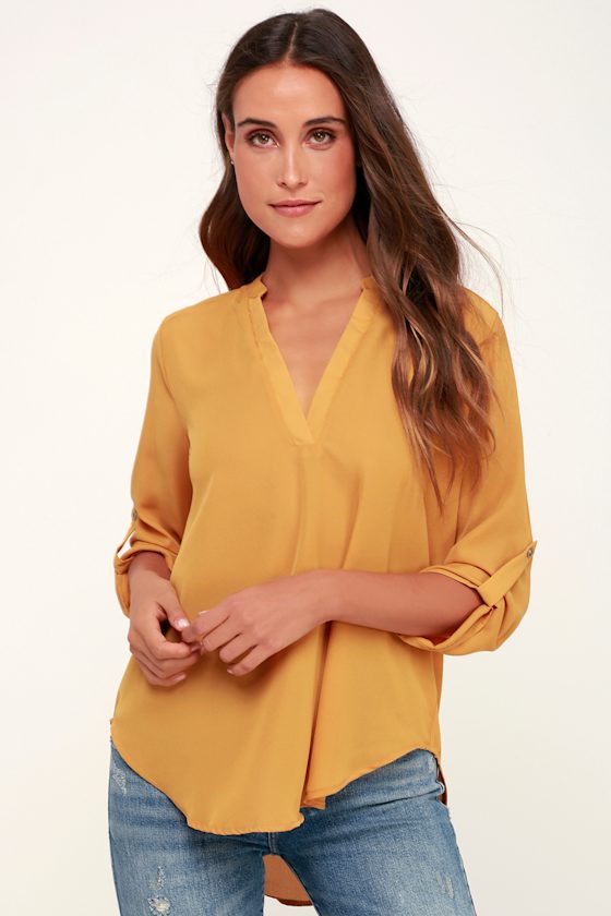 Cute Mustard Yellow Top Woven Top Long Sleeve Top Lulus