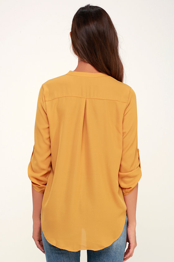 Cute Mustard Yellow Top Woven Top Long Sleeve Top