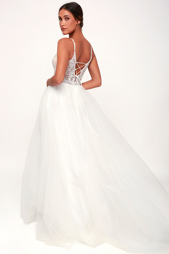 Caprice White Beaded Rhinestone Lace-Up Maxi Dress 4