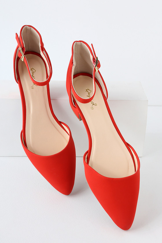 red ankle strap pumps