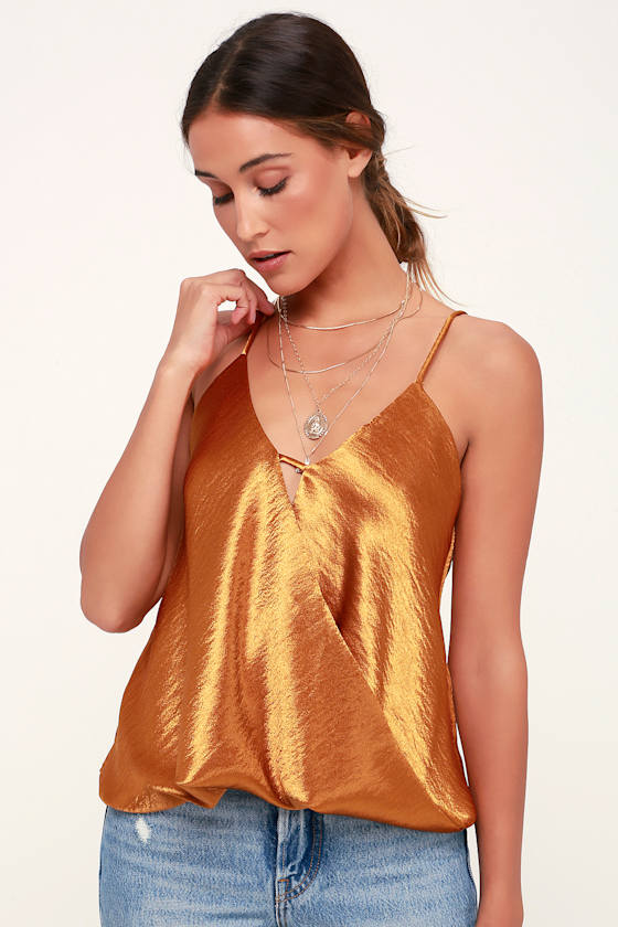 Swinging Party Dark Gold Satin Surplice Top 3