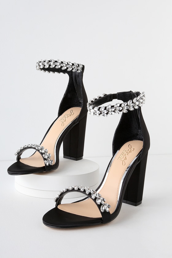 black satin heels with rhinestones