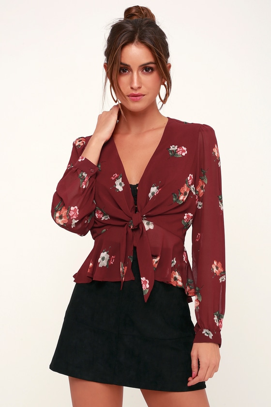 red floral tie front top