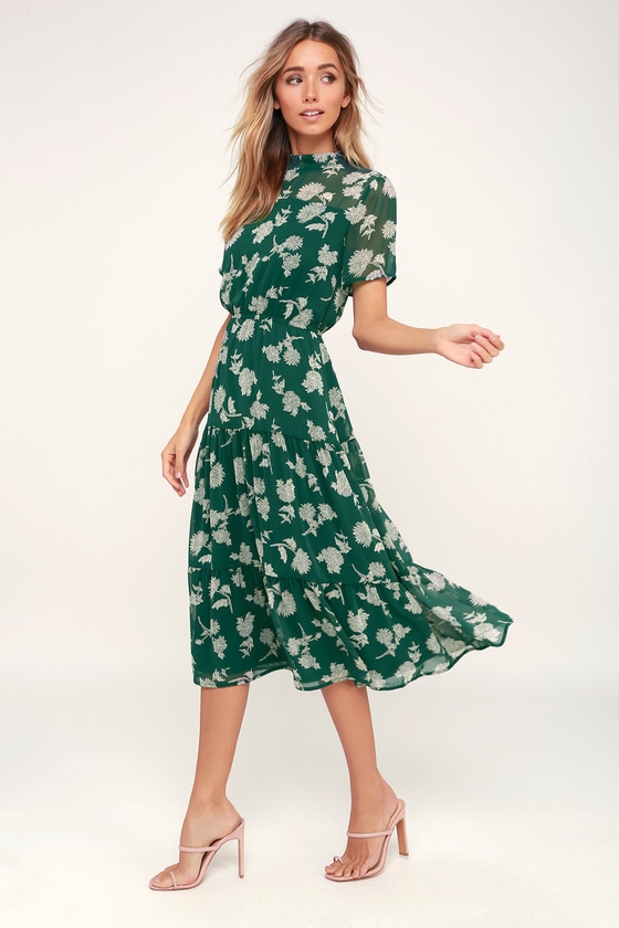 Dark Green  Floral Print Dress  Midi Dress  Short Sleeve 