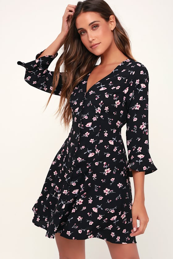 Cute Black Dress Floral Print Dress ButtonUp Dress Lulus