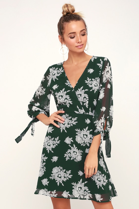 Cute Green Floral Print Dress - Long Sleeve Dress - Skater Dress - Lulus