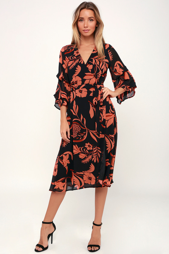 Orange and Black Floral Print Dress - Wrap Midi Dress - Dress - Lulus