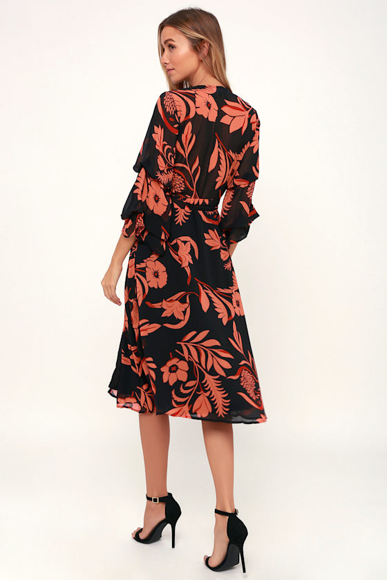 Highlight of my Life Orange and Black Floral Print Wrap Dress 2
