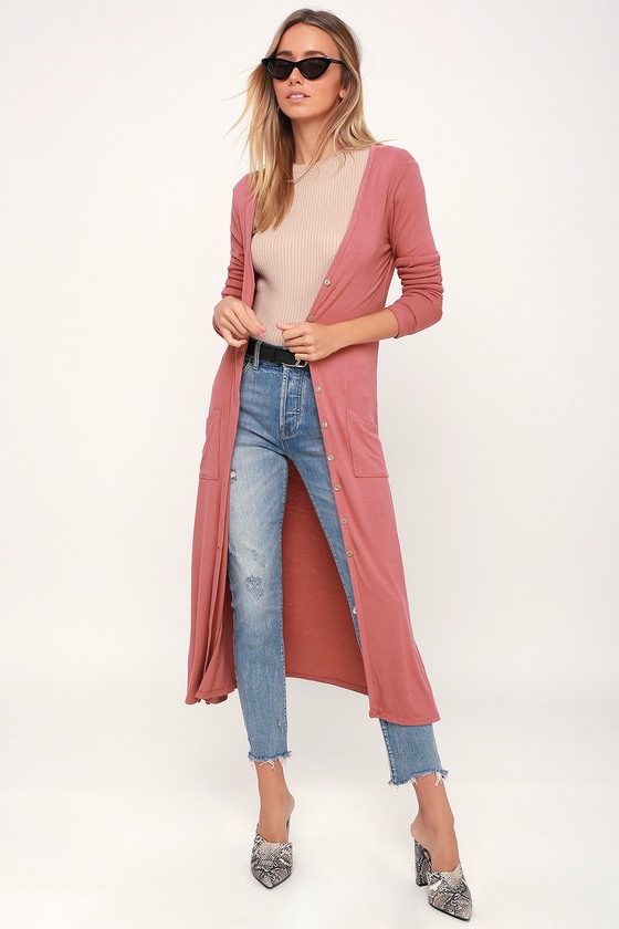 Rusty Rose Cardigan Sweater - Longline Cardigan - Ribbed Duster - Lulus