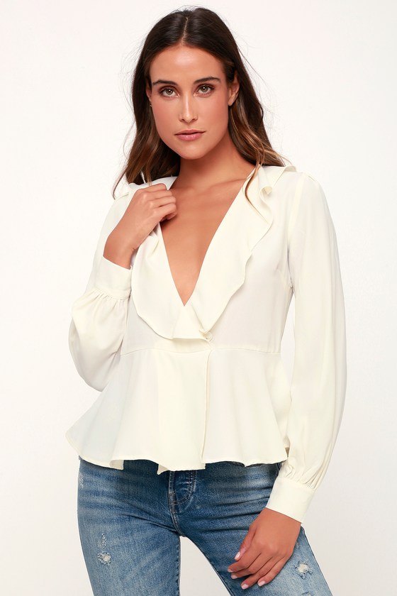 Chic White Ruffled Top - Long Sleeve Top - Peplum Top - Lulus