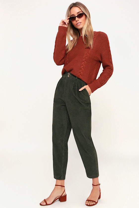 Shaina Olive Green Corduroy Cropped Pants 1