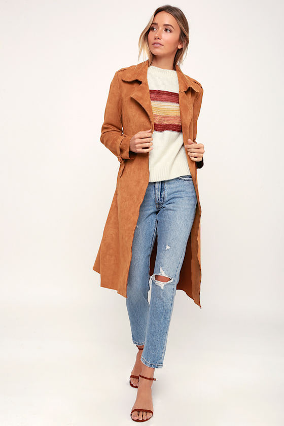 Morning Chill Light Brown Suede Trench Coat 1