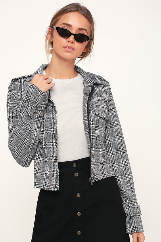 plaid black and white coat