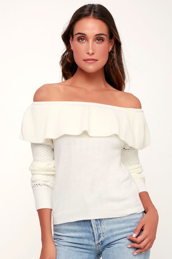 Cute Ivory Sweater - Off-the-Shoulder Sweater - Flounce Sweater - Lulus